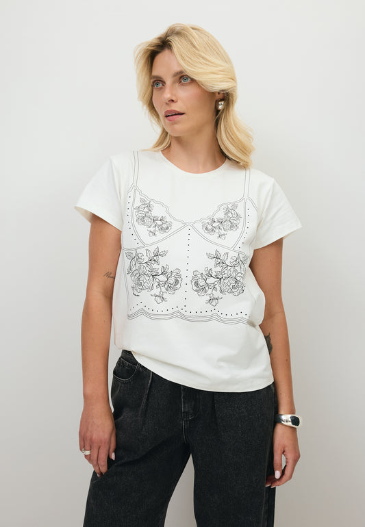 Kremowy T-shirt z rysunkiem koronkowego topu BROOKE