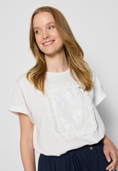 Kremowy T-shirt z haftowanymi kwiatami MIRADO