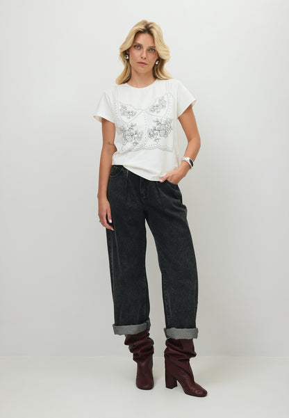 Kremowy T-shirt z rysunkiem koronkowego topu BROOKE