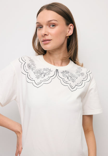 Kremowy t-shirt damski z nadrukowanym kołnierzem COLLARY