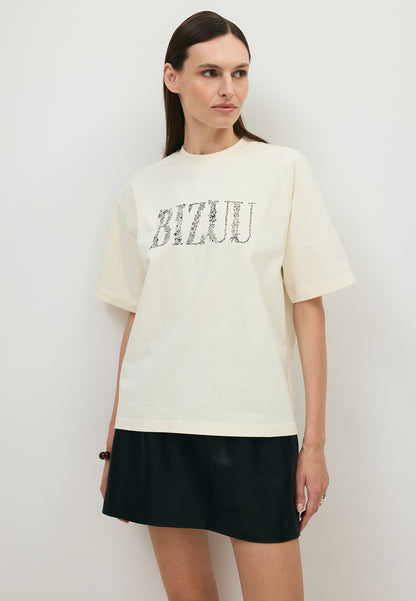 Masełkowy t-shirt oversize JONI z ozdobnym logo
