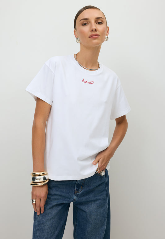 Kremowy t-shirt z haftem bizuu SEYA