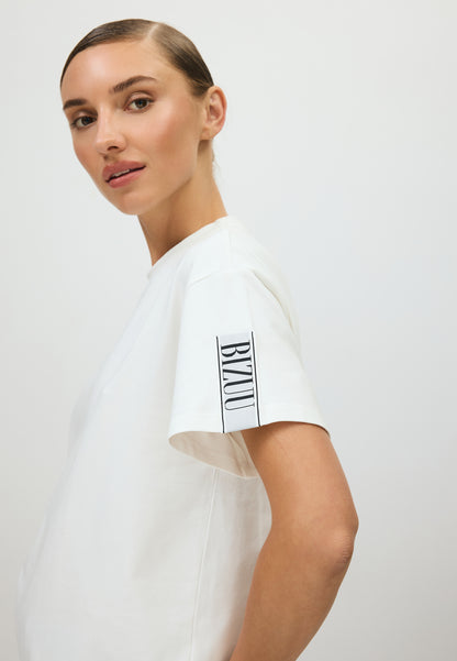 Kremowy t-shirt z logo na rękawie TISHAM